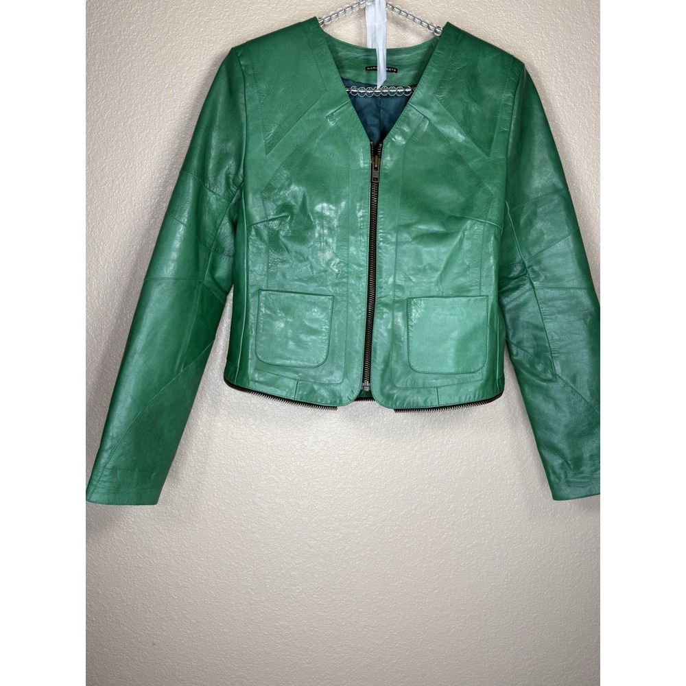 Marilyn Seyb Womens Green Leather Jacket Sz 10 Moto Mod Retro Statement Coat